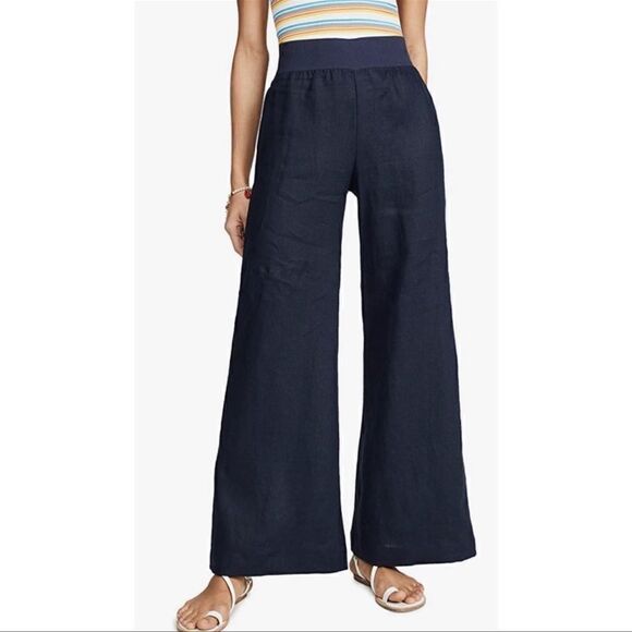 Three Dots Wide Leg High Waisted Linen Pants Navy Blue Size Small - Picture 1 of 8
